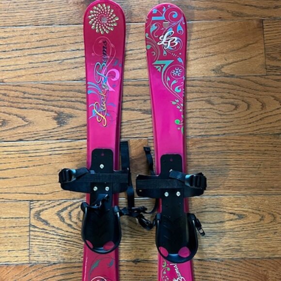 Lucky Bums Pink Skis for kids / beginners w/ floral design & bindings (no poles) - Picture 1 of 5